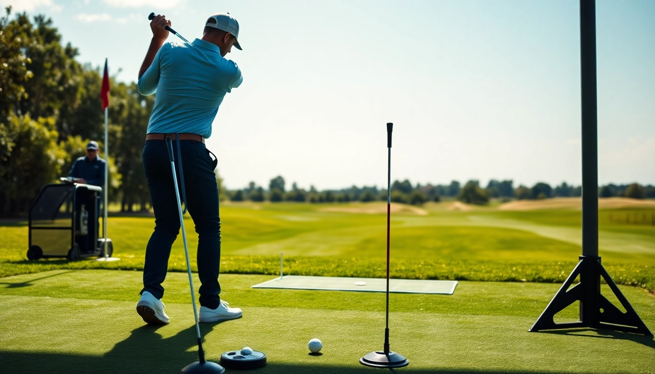 Enhance your game with golf training aids showcasing a golfer practicing on a driving range.