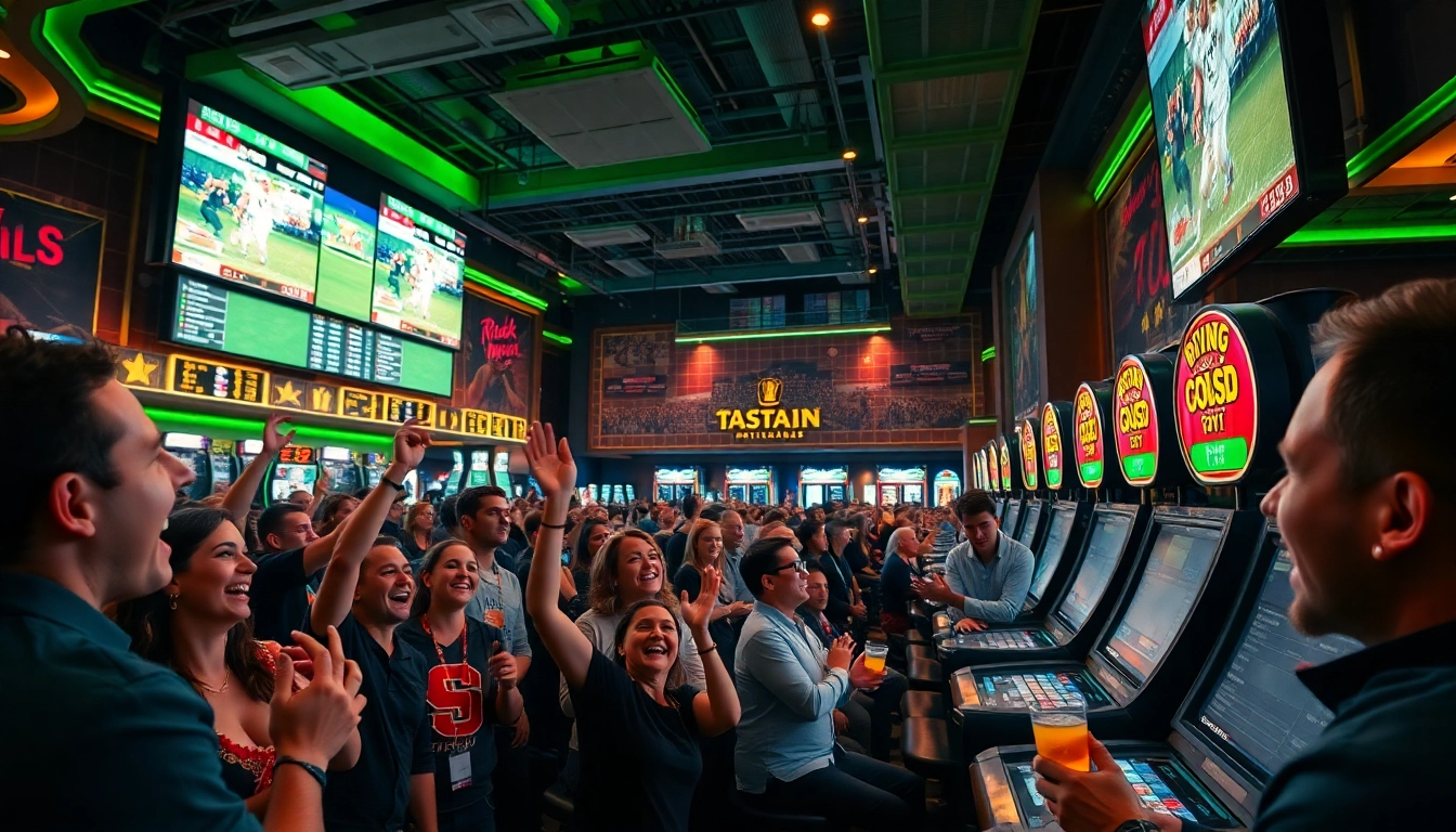 Engaged sports fans enjoying co sports betting at a vibrant casino during a live game.