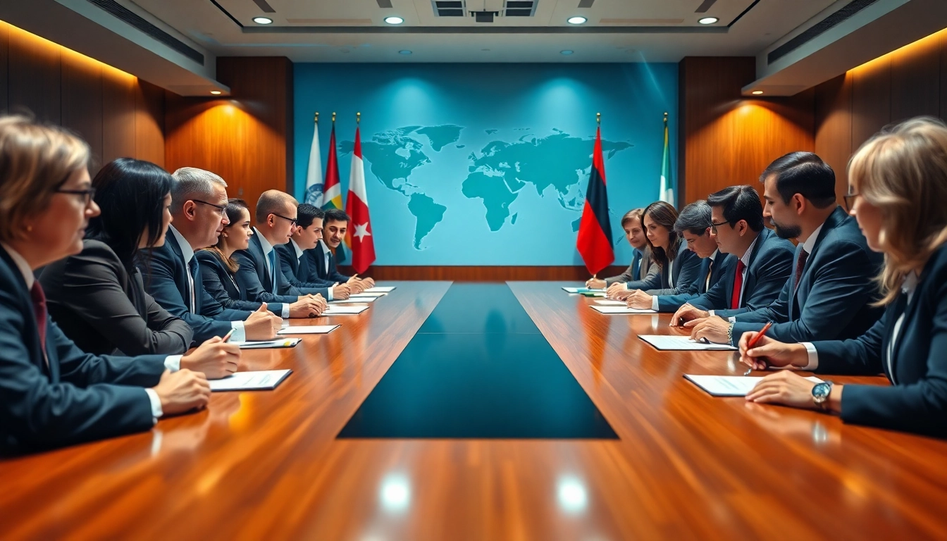 Participants discussing trade agreements in a modern conference room with flags and maps.