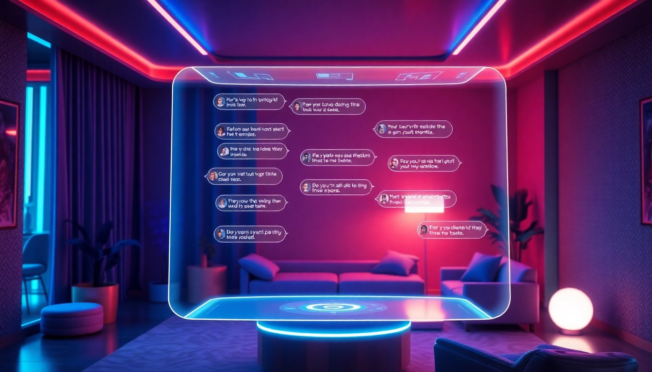 Engage in ai sex chat free within a vibrant and inviting virtual chat room filled with holographic interfaces.
