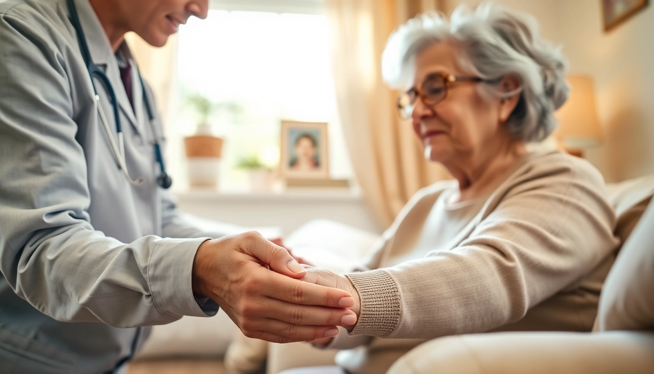 Austin senior home care featuring a caregiver compassionately assisting an elderly woman in her home.
