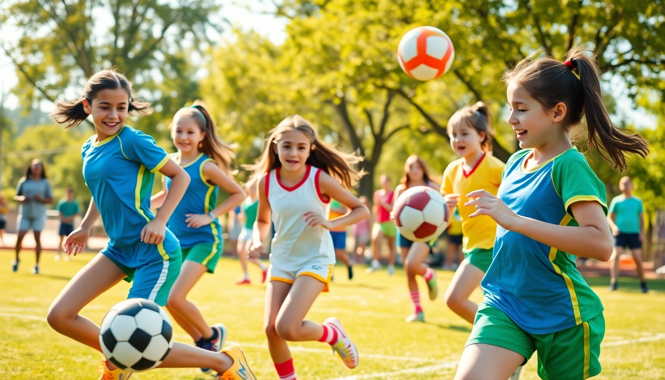 A group of girls engaging in Multi Sports Camps for Girls, showcasing teamwork and enthusiasm in outdoor sports activities.