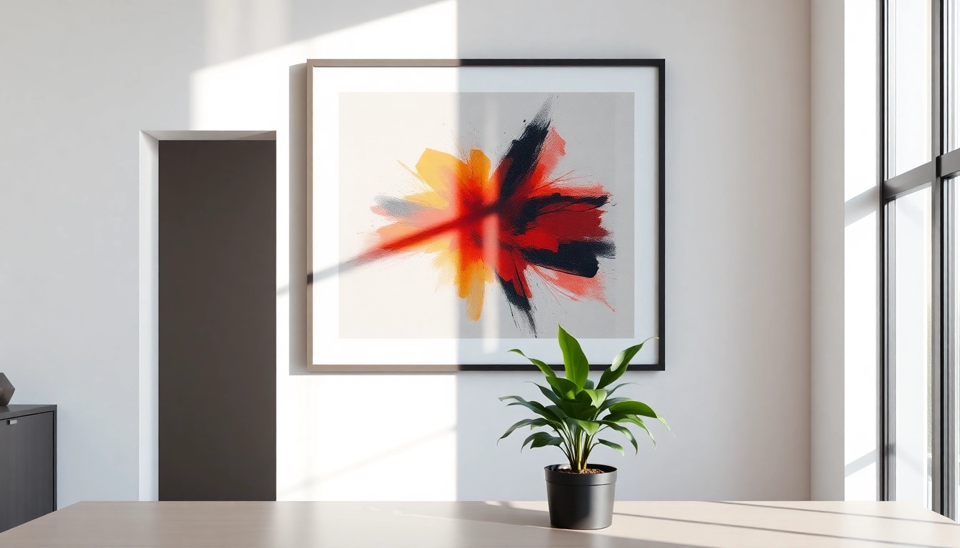 Showcase a chic 36x48 frame holding abstract art in a well-lit home office setting.