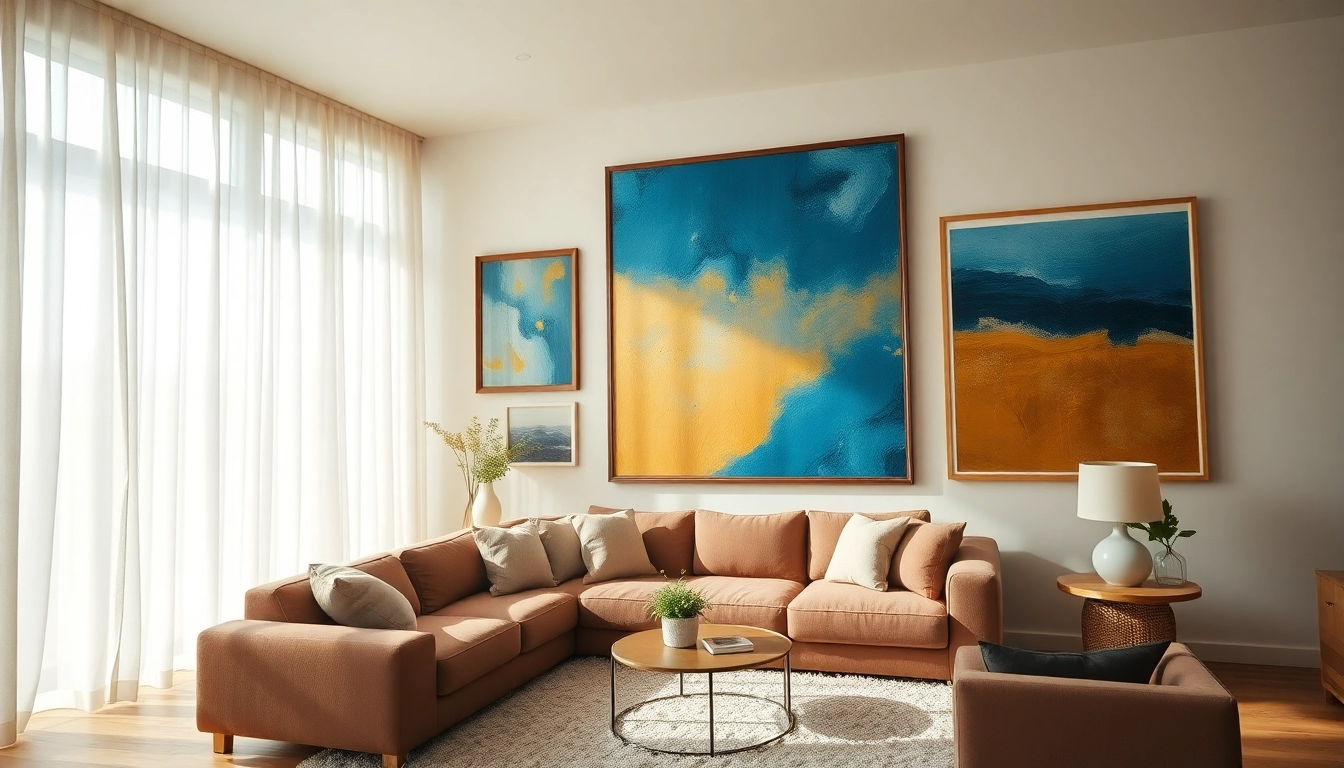 Showcase large frames featuring colorful artwork in a contemporary living room setting.
