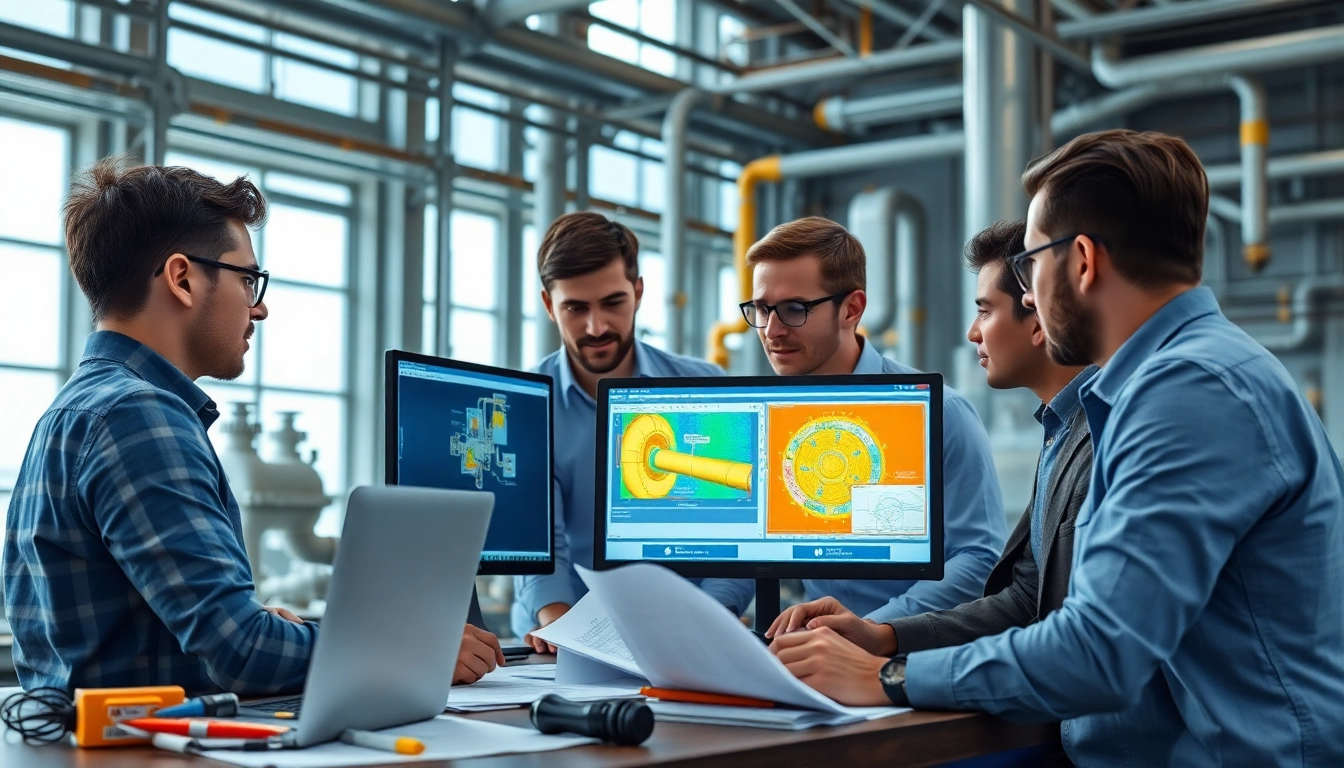 Piping stress Analysis Company team collaborating on engineering project in modern industrial workspace.