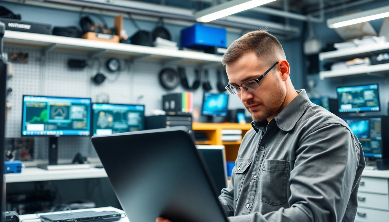 Riparazione computer torino: tecnico impegnato nella riparazione di un laptop in un laboratorio professionale.