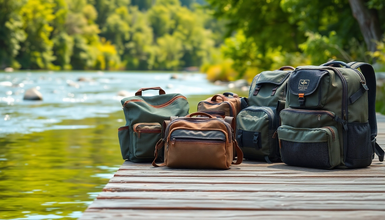 Explore various fly fishing bags displayed beautifully on a dock by the river.