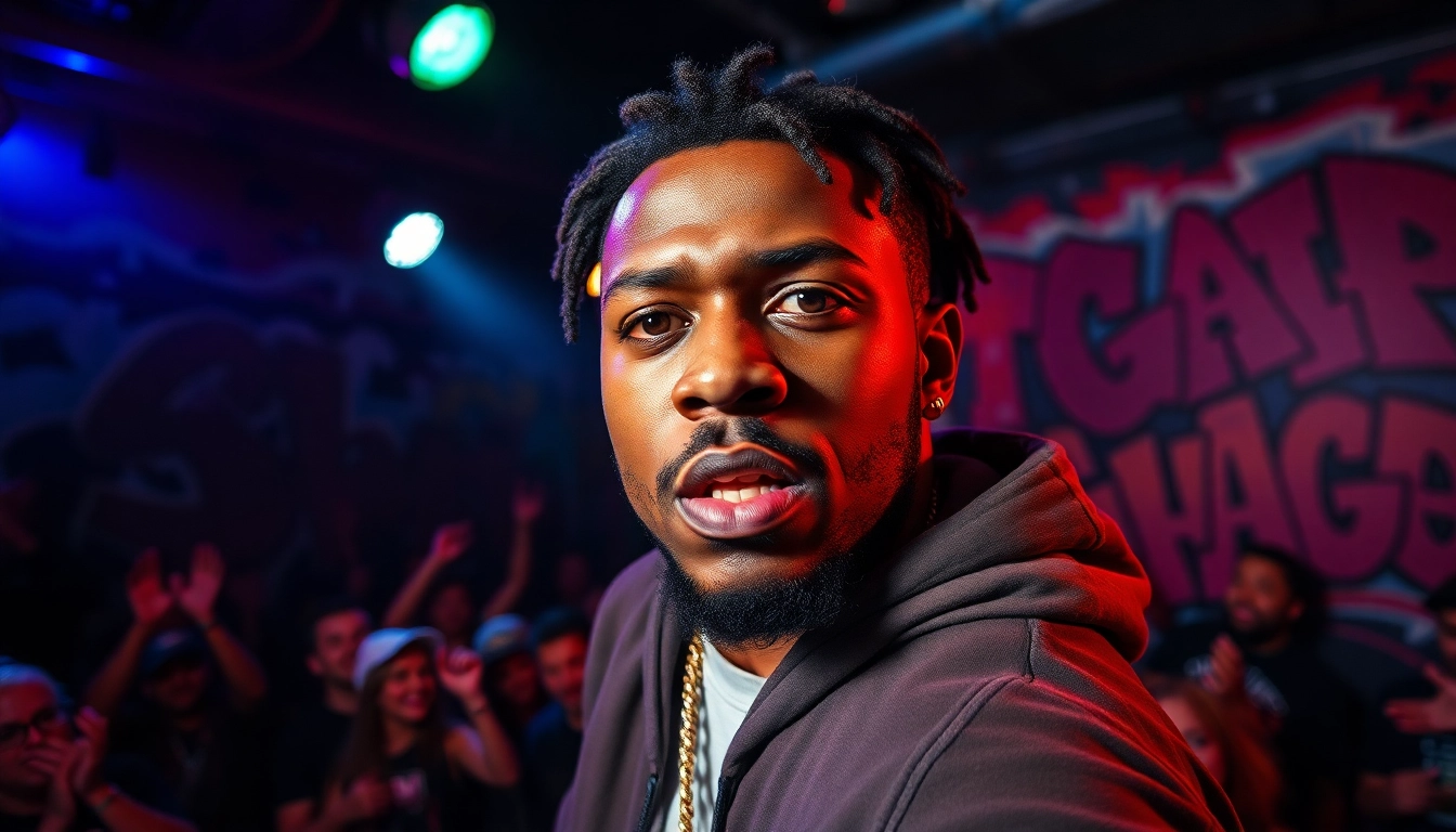 Experience underground rap Chicago as a passionate artist performs before a lively crowd in an energetic venue.