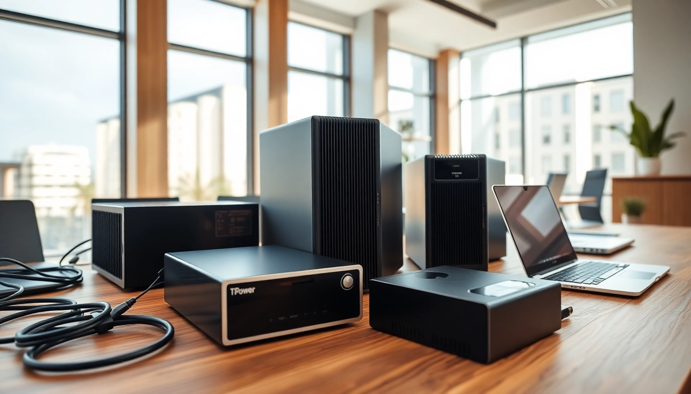 Show TPower devices displayed prominently in a bright office setting, highlighting modern power supply solutions.
