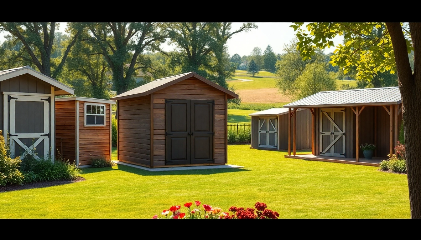 Explore custom made storage sheds in a lovely backyard with vibrant colors and unique designs.