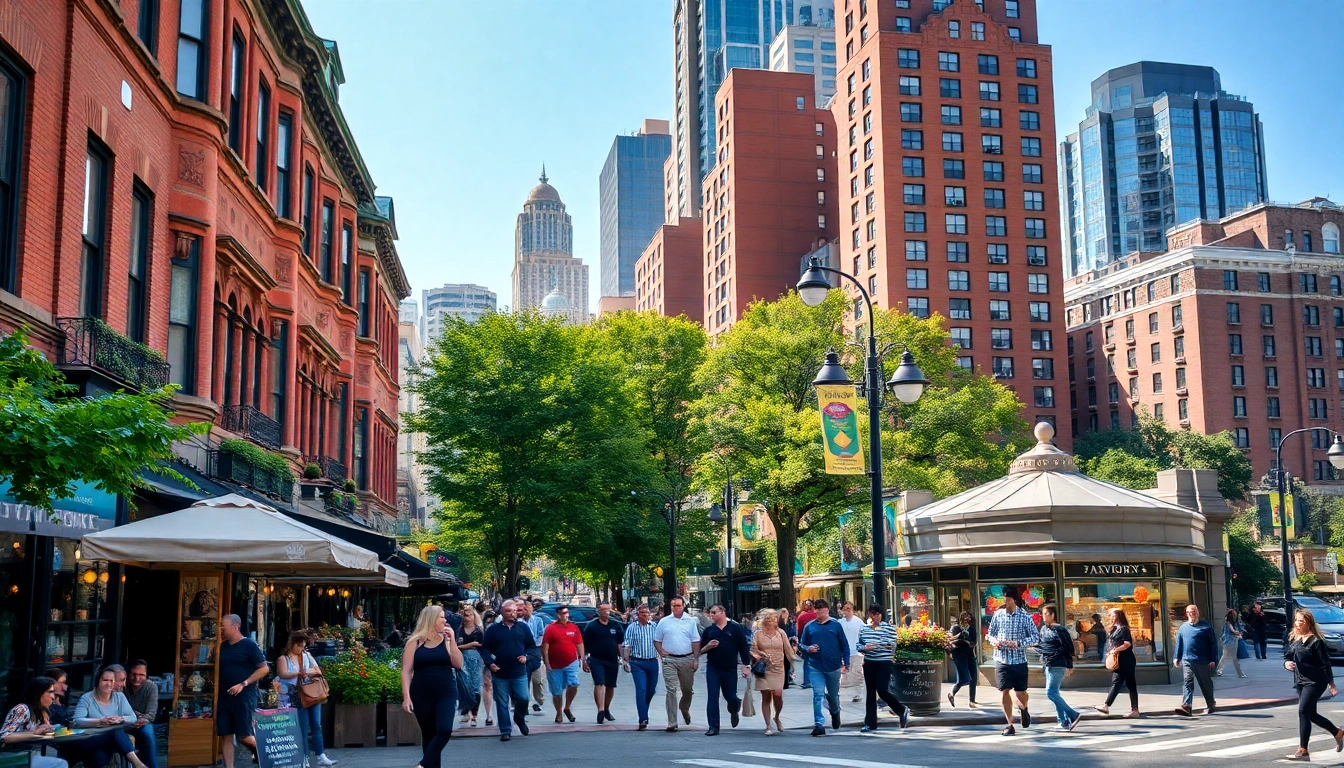 Vibrant street scene in Downtown Jersey City with people enjoying cafes and boutiques.