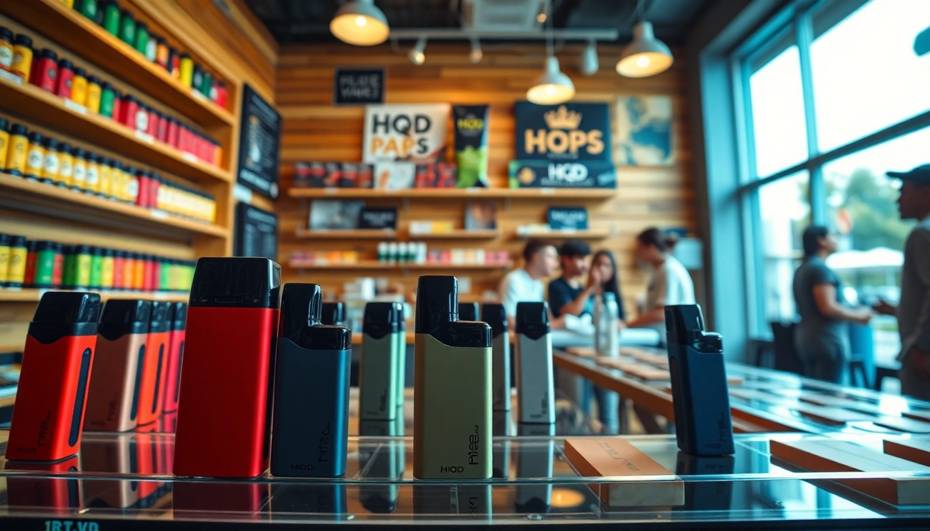 Hqd pods in a vibrant vape shop display with various colorful designs.
