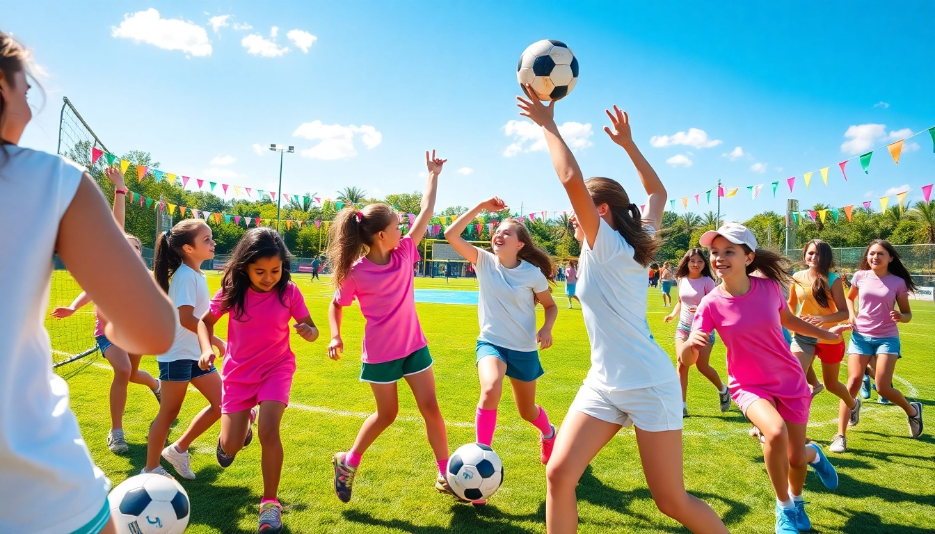 Girls enjoying fun and active moments at Multi Sports Camps for Girls showcasing teamwork.