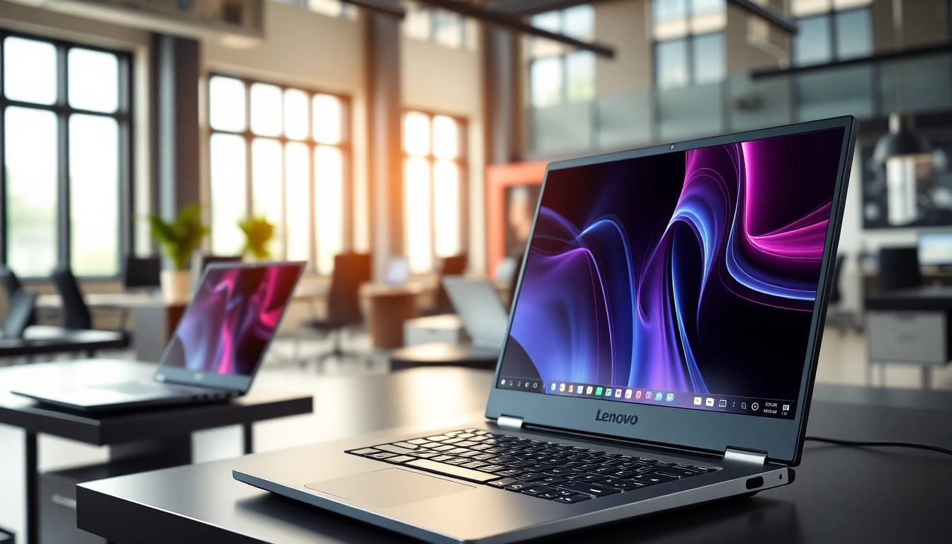 Descubre laptops Lenovo con diseños elegantes y funciones impresionantes en un entorno profesional.
