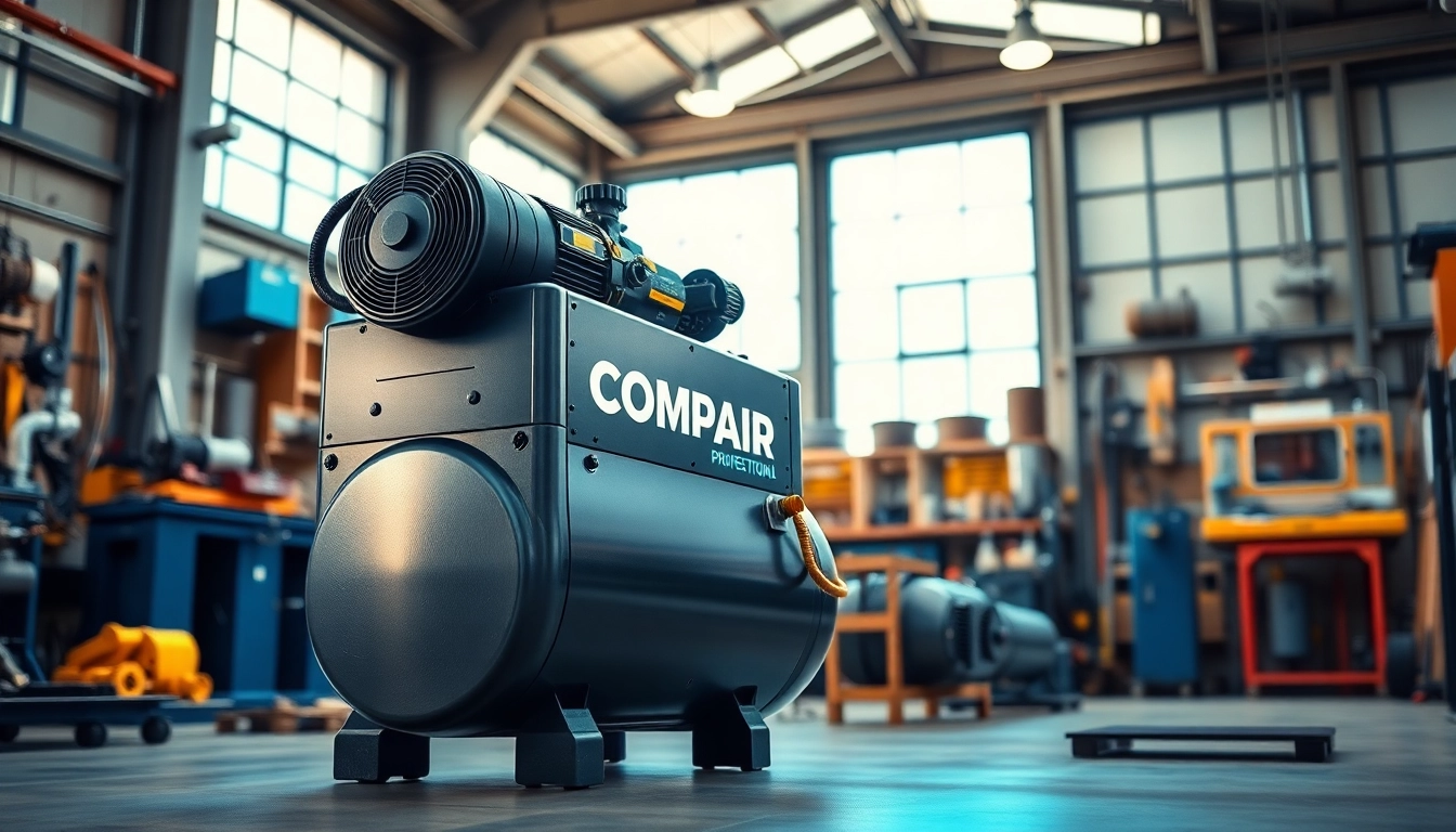 Showcasing a CompAir compressor in a well-lit industrial workshop, emphasizing quality and performance.