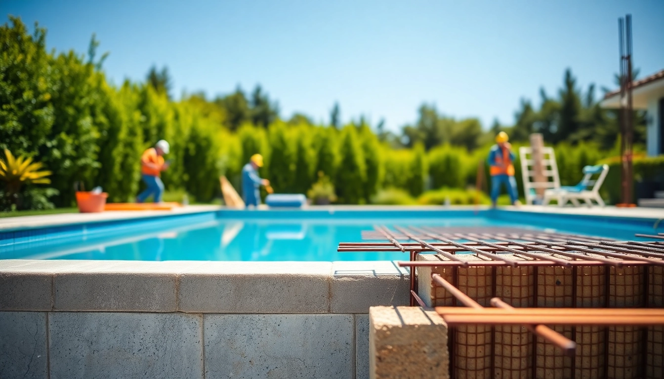 Workers engaged in pool construction, showcasing the building process with lush surroundings.
