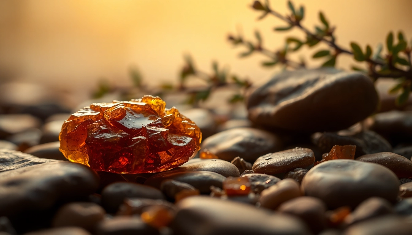 Myrrh resin glistening on natural stones, demonstrating its earthy beauty and therapeutic properties.