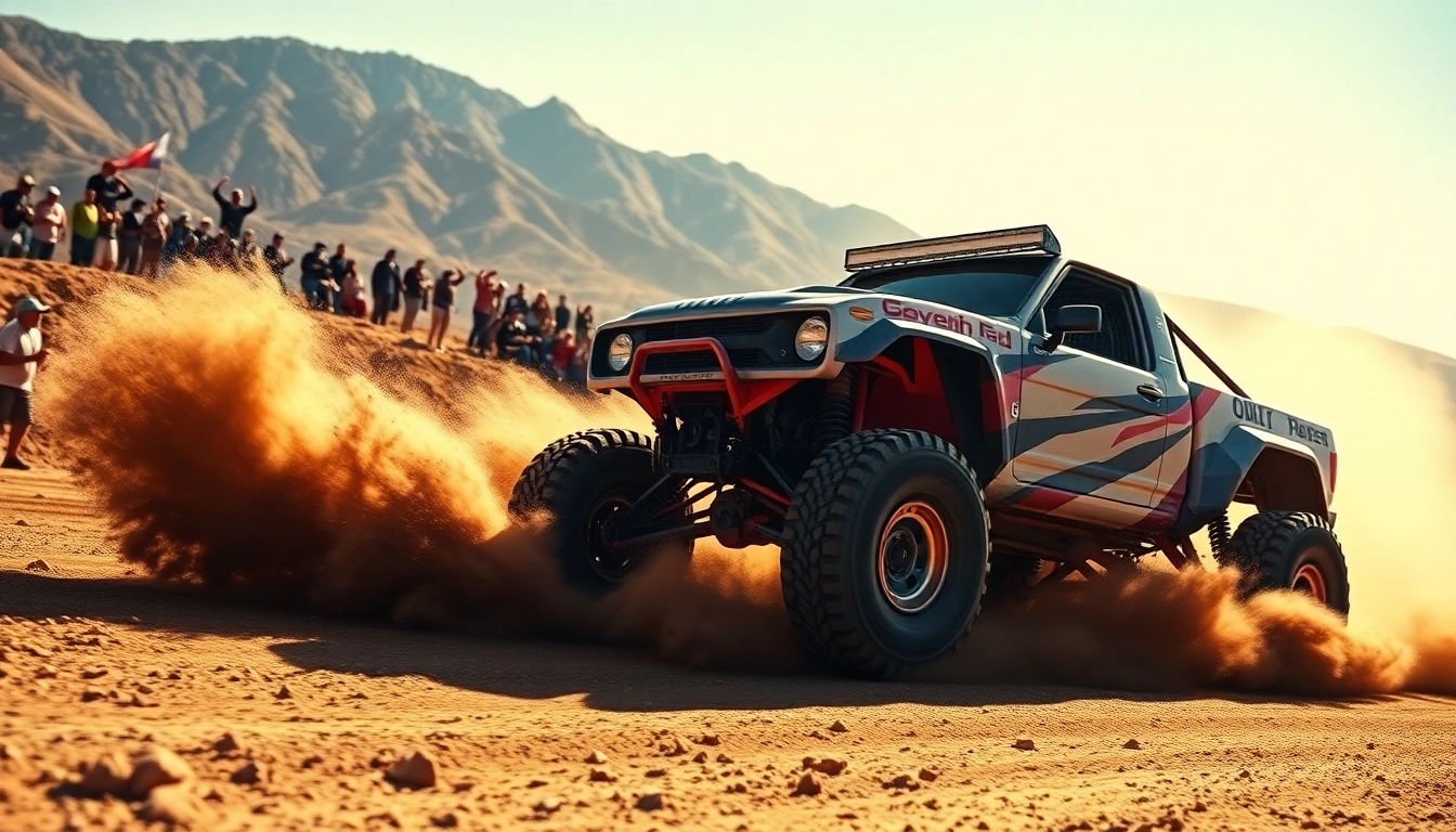 Baja race featuring an intense trophy truck competition with spectators and challenging terrain.