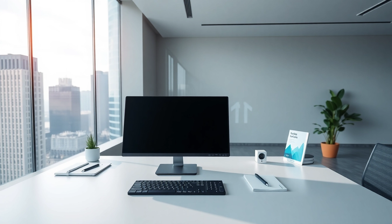 Showcasing a virtual office address with a modern desk setup and city skyline view.