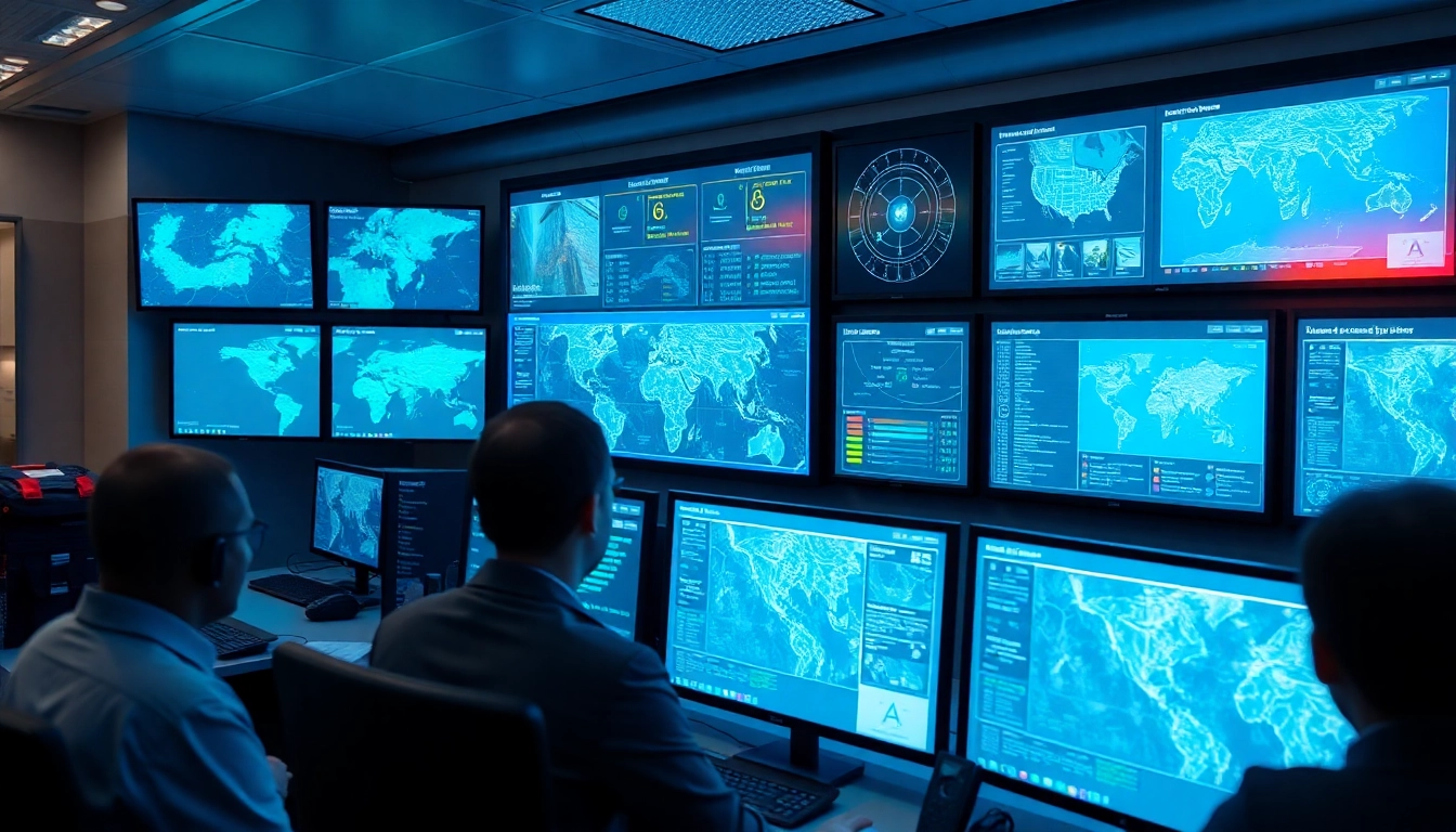 Monitor screens showcasing real-time safety alerts in a modern urban control room.