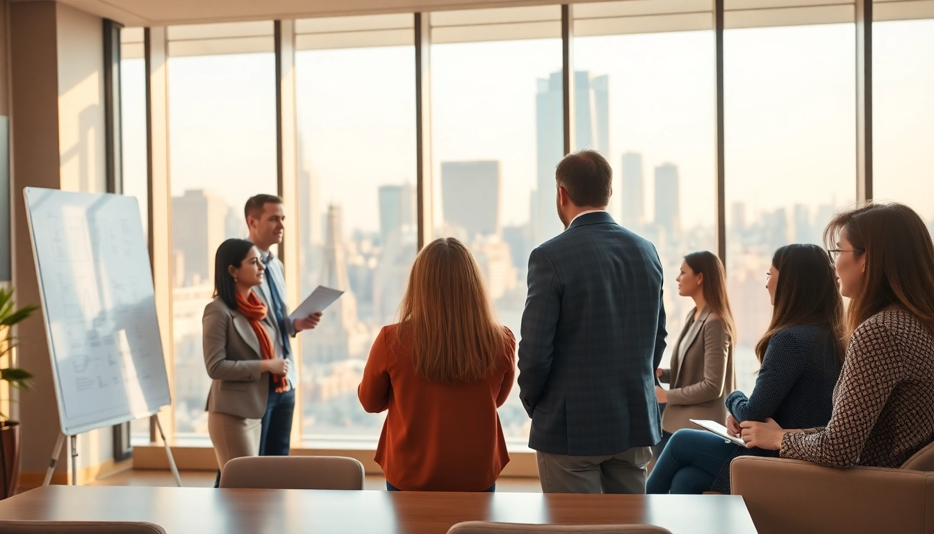 Showcase a dynamic business coaching service session, highlighting engagement in an upscale office.