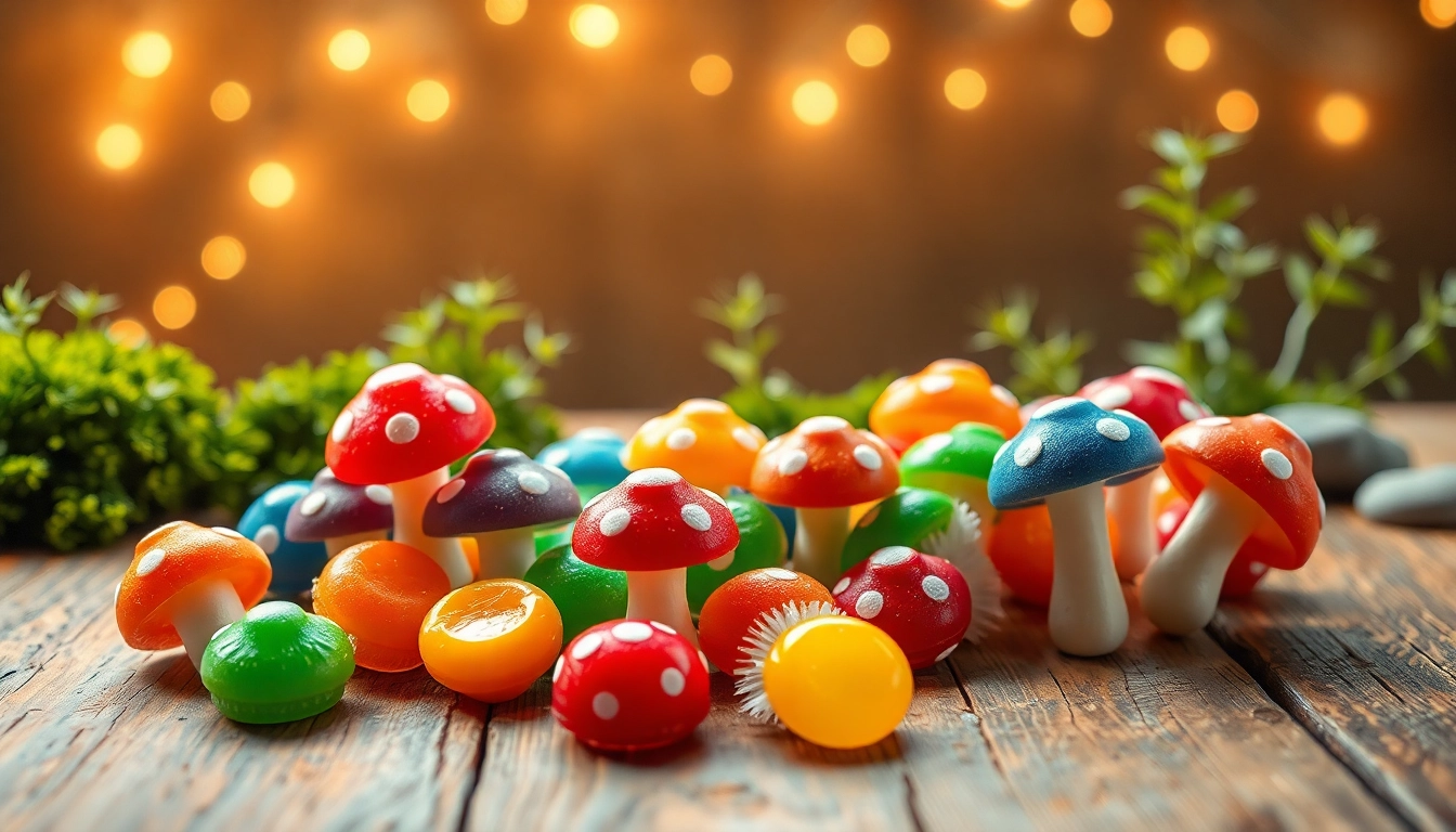 Tantalizing magic mushroom candy assortment on a rustic table with enchanting lights.
