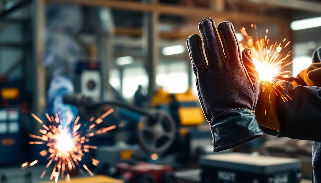 Craftsmanship of welding gloves displayed in a professional workshop, emphasizing safety and durability.