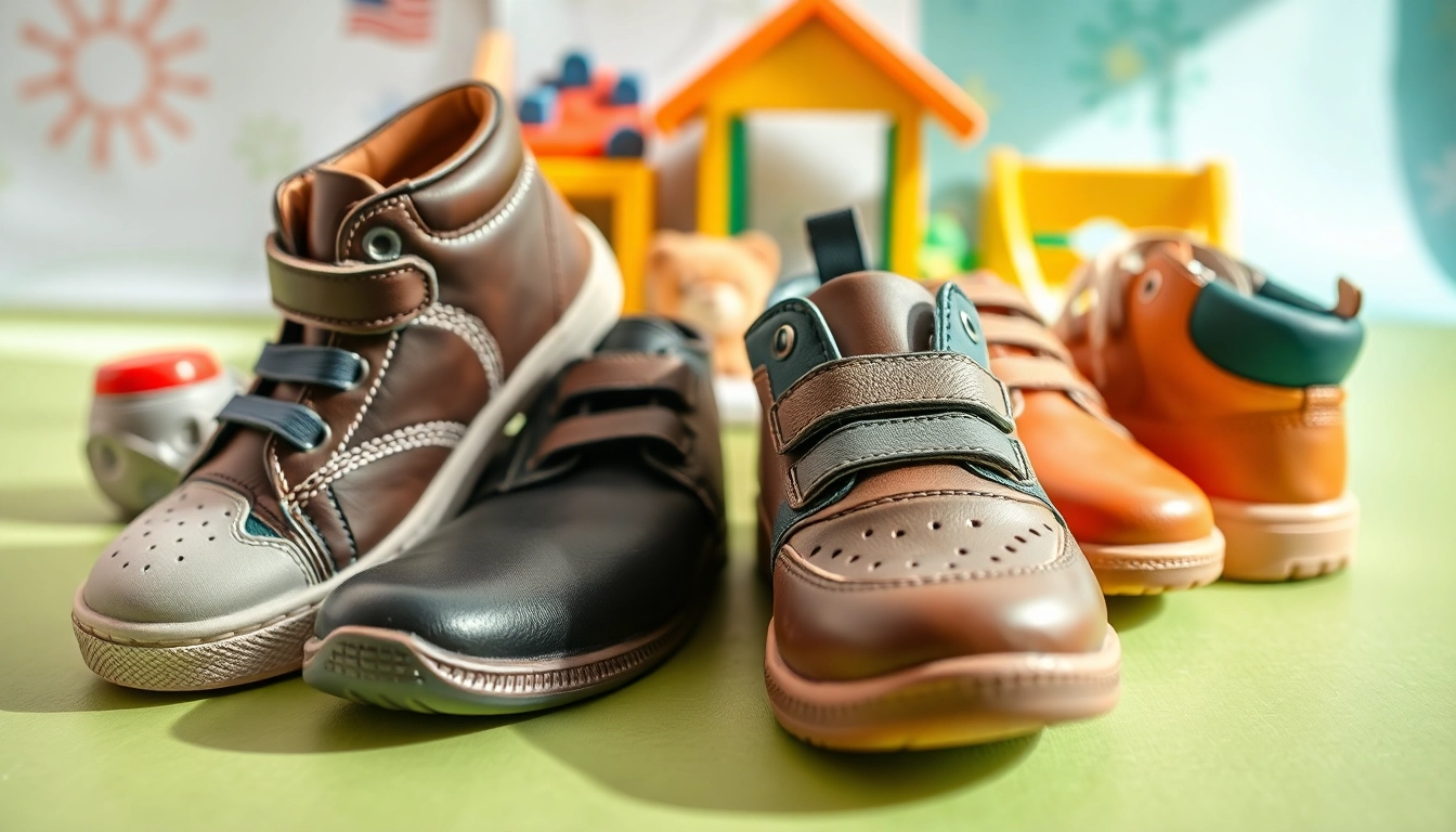 Trendy orthopädische Kinderschuhe in verschiedenen Designs für Kinder präsentieren.