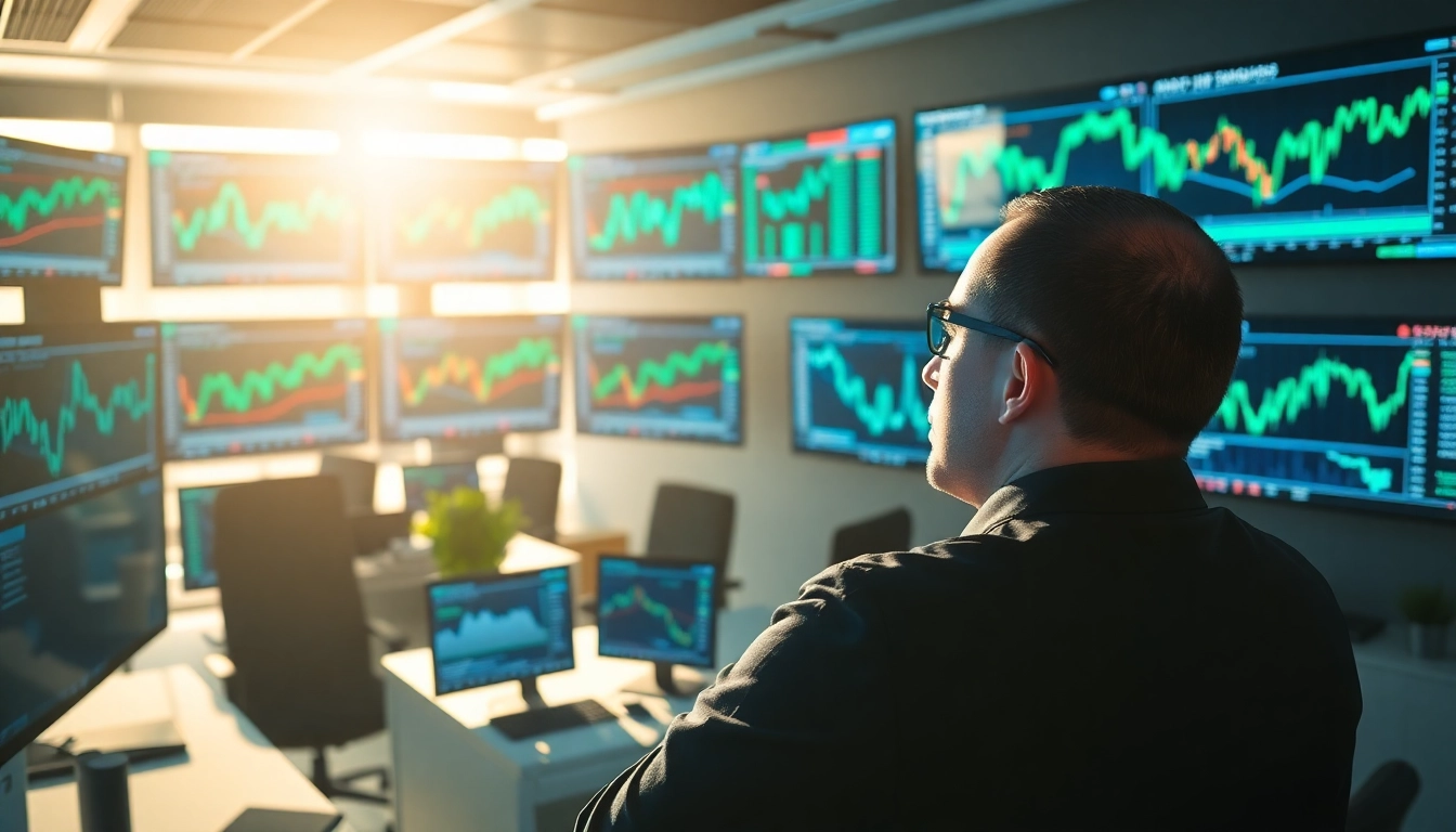 Engaged trader utilizing advanced ai trading techniques to analyze market data in a high-tech office.