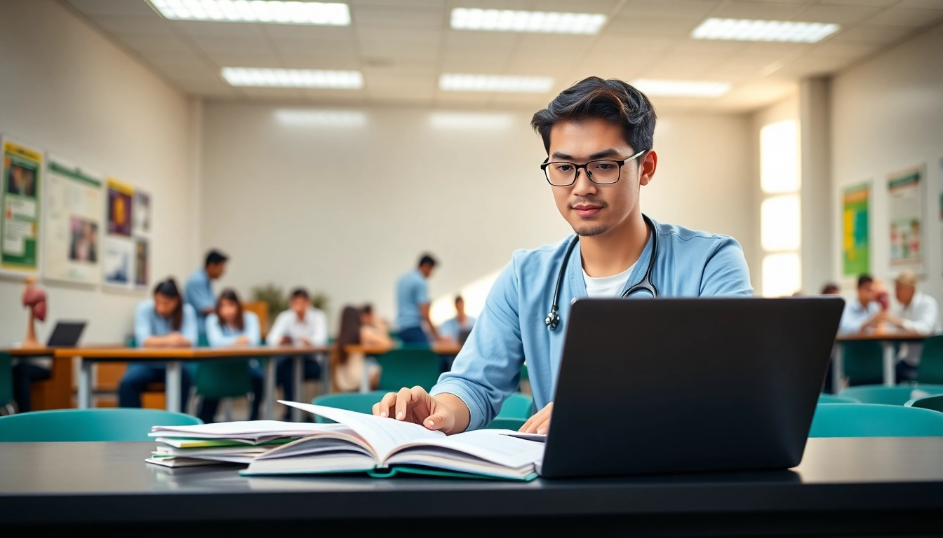 Medizinstudium ohne Aufnahmeprüfung: Engaged medical students in a bright university classroom setting.