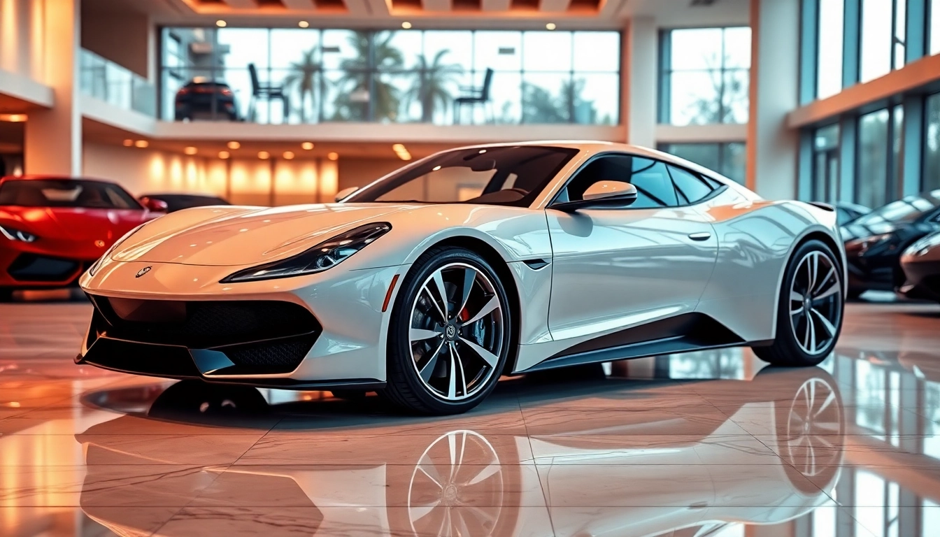 Admire the perfect car displayed in a luxurious showroom with elegant lighting and rich colors.