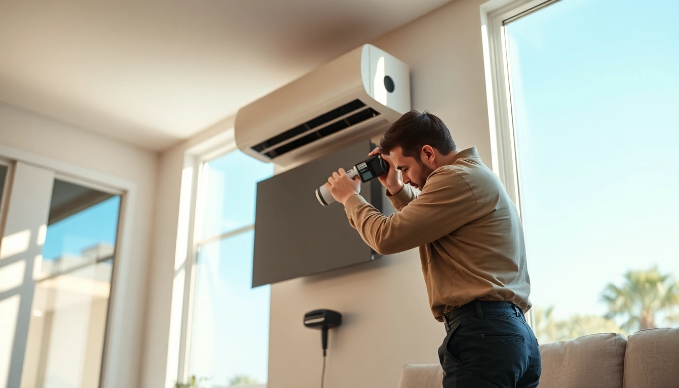 Providing Los Angeles HVAC services, a technician inspects an air conditioning unit in a bright living room.