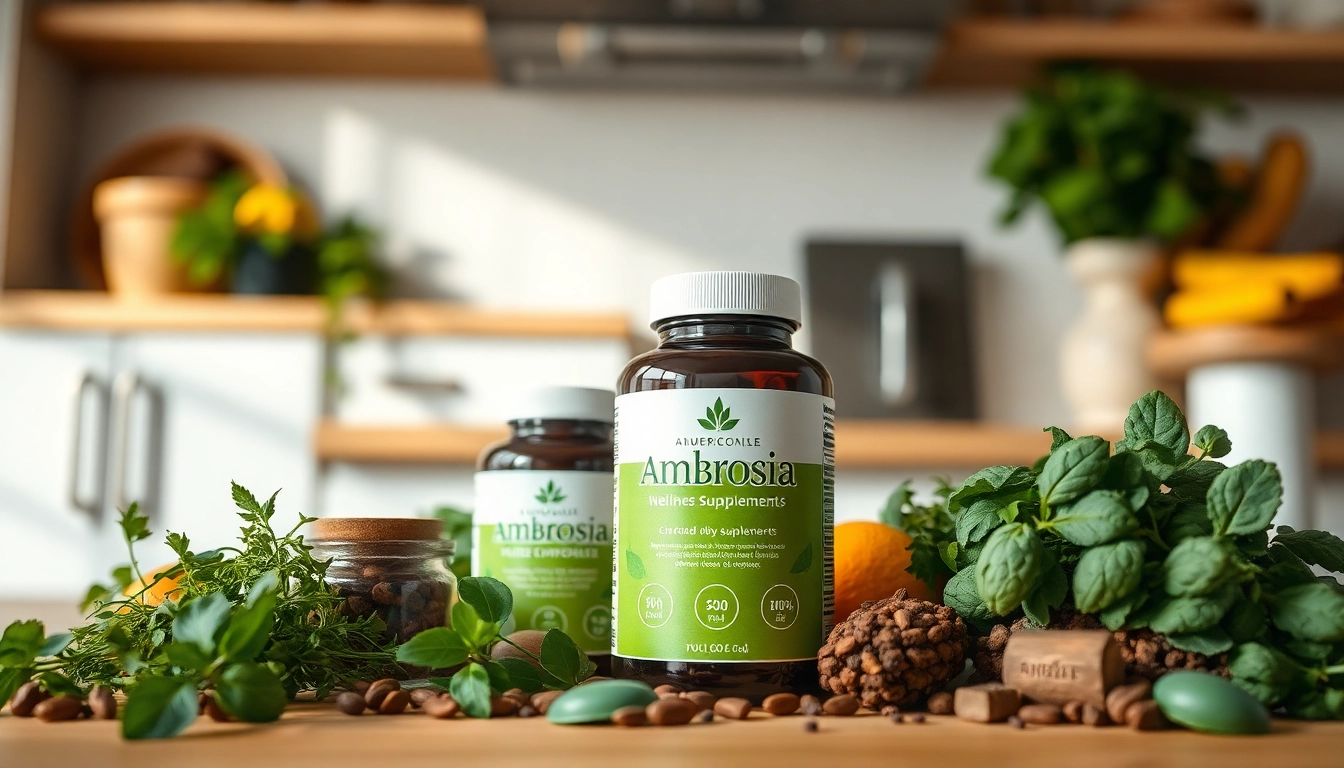 Ambrosia supplements displayed with fresh fruits and herbs in a natural light setting.