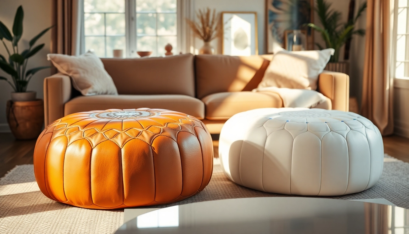 Showcase of Moroccan leather poufs and ottomans at http://labboho.com/collections/leather-poufs-ottomans in a cozy living room.