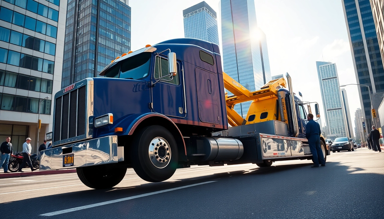 Affordable big rig towing company showcasing skilled service with a tow truck in action.
