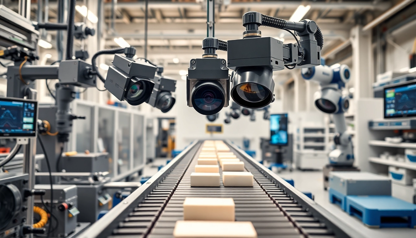 Machine vision system analyzing products on a conveyor belt in a bright industrial environment.