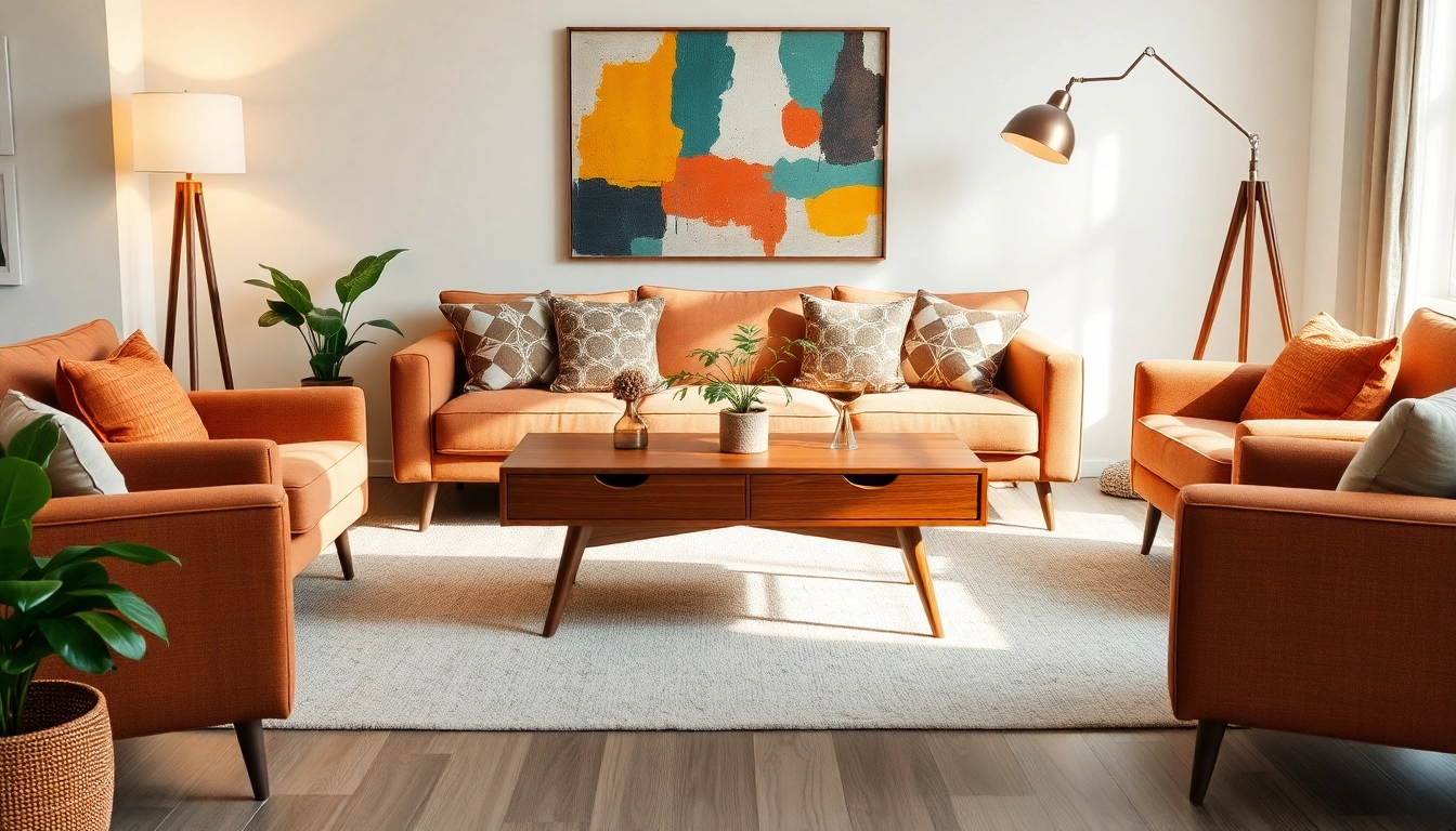 MCM Home Decor arranged elegantly in a living room with vintage furniture and colorful art.