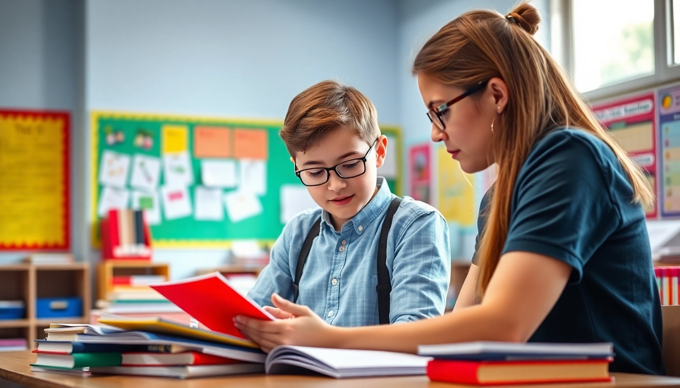 Engaging scene of a tutor providing 11 plus tuition to a student in a bright classroom.