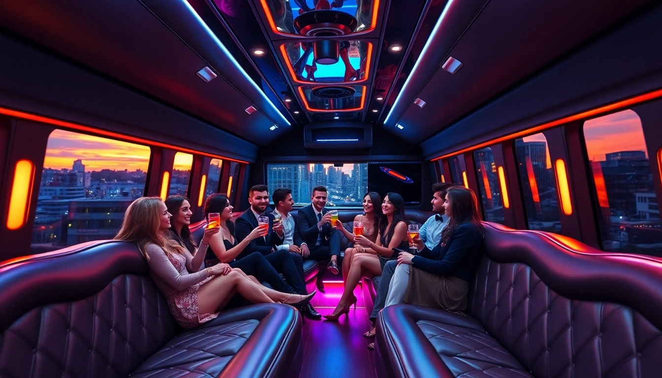 Celebrate in style with a luxurious party bus rental featuring elegant seating and vibrant city views.