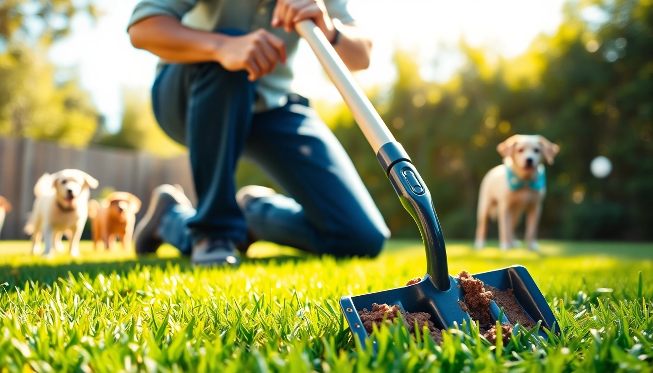 Clean up dog poop efficiently in a bright backyard with a stylish pooper scooper.