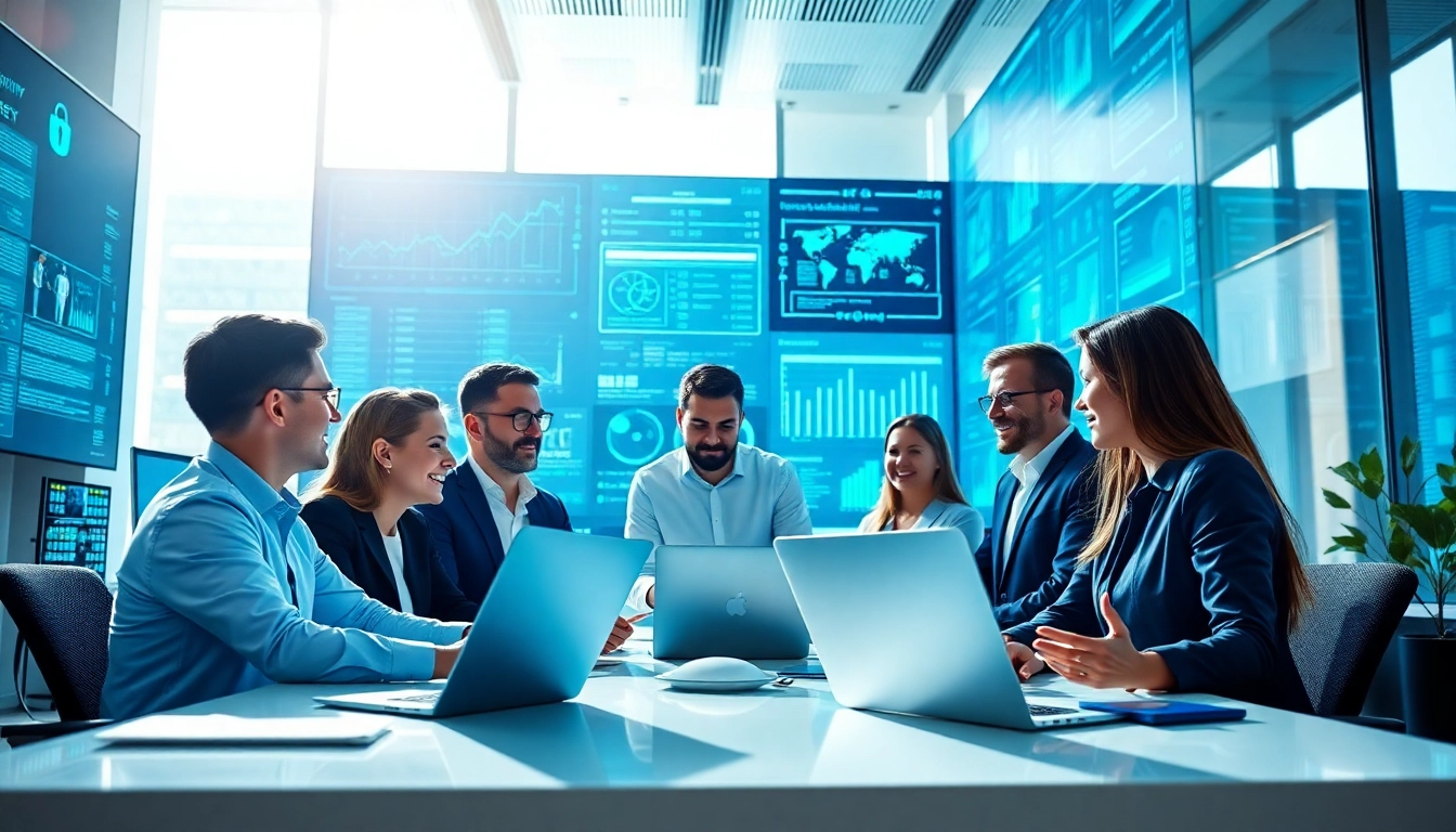Cyber security services with a professional team collaborating in a high-tech office.