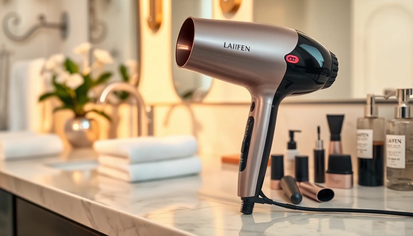 Showcase of the laifen hair dryer with elegant design and multiple attachments in a luxurious setting.