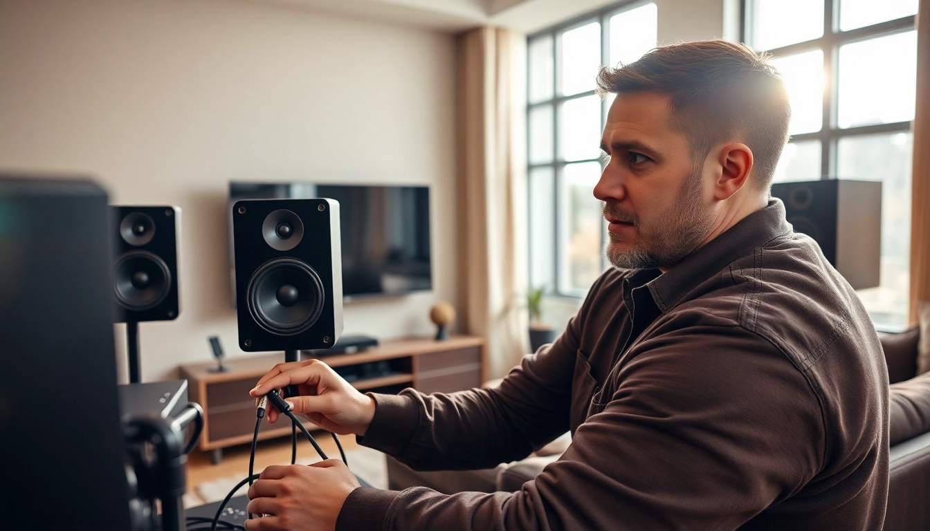 Setting up home audio installation near me with a professional technician optimizing sound in a modern living room.