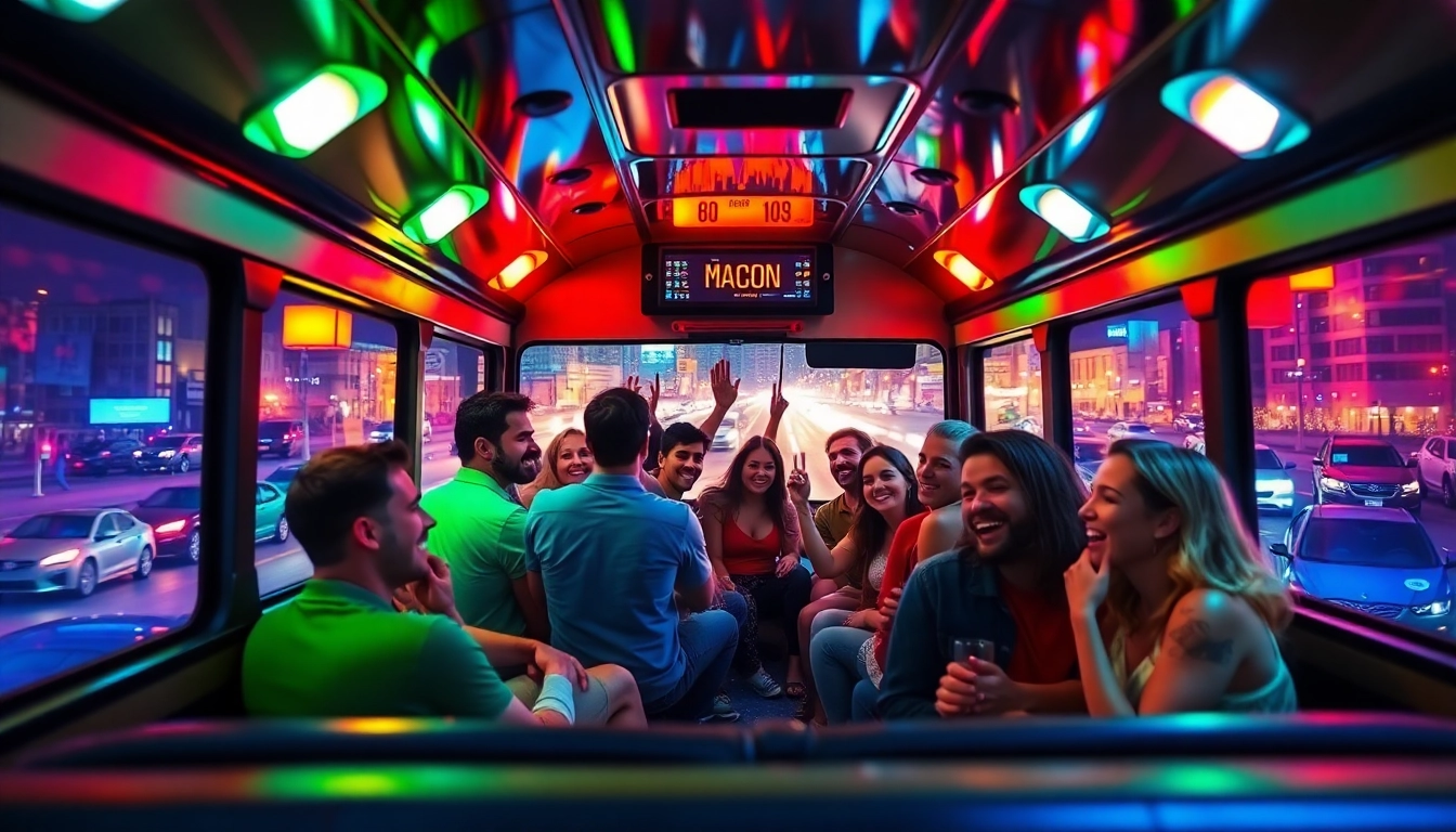 Group enjoying a Macon party bus rental filled with lights and music.