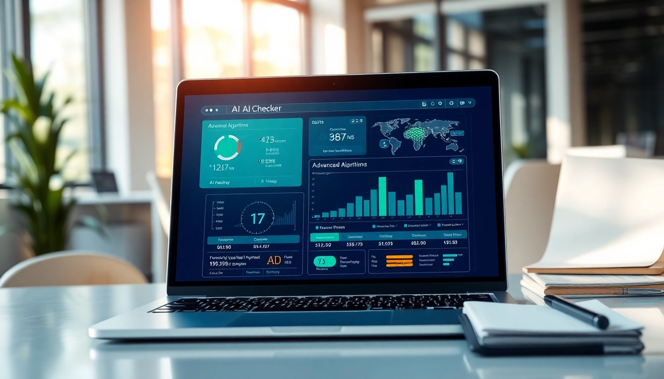 Analyze text accuracy and integrity with an AI checker interface brightly displayed on a sleek laptop.
