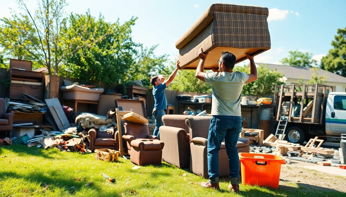 Expert junk removal service team clearing clutter outdoors, transforming a messy yard into a clean space.