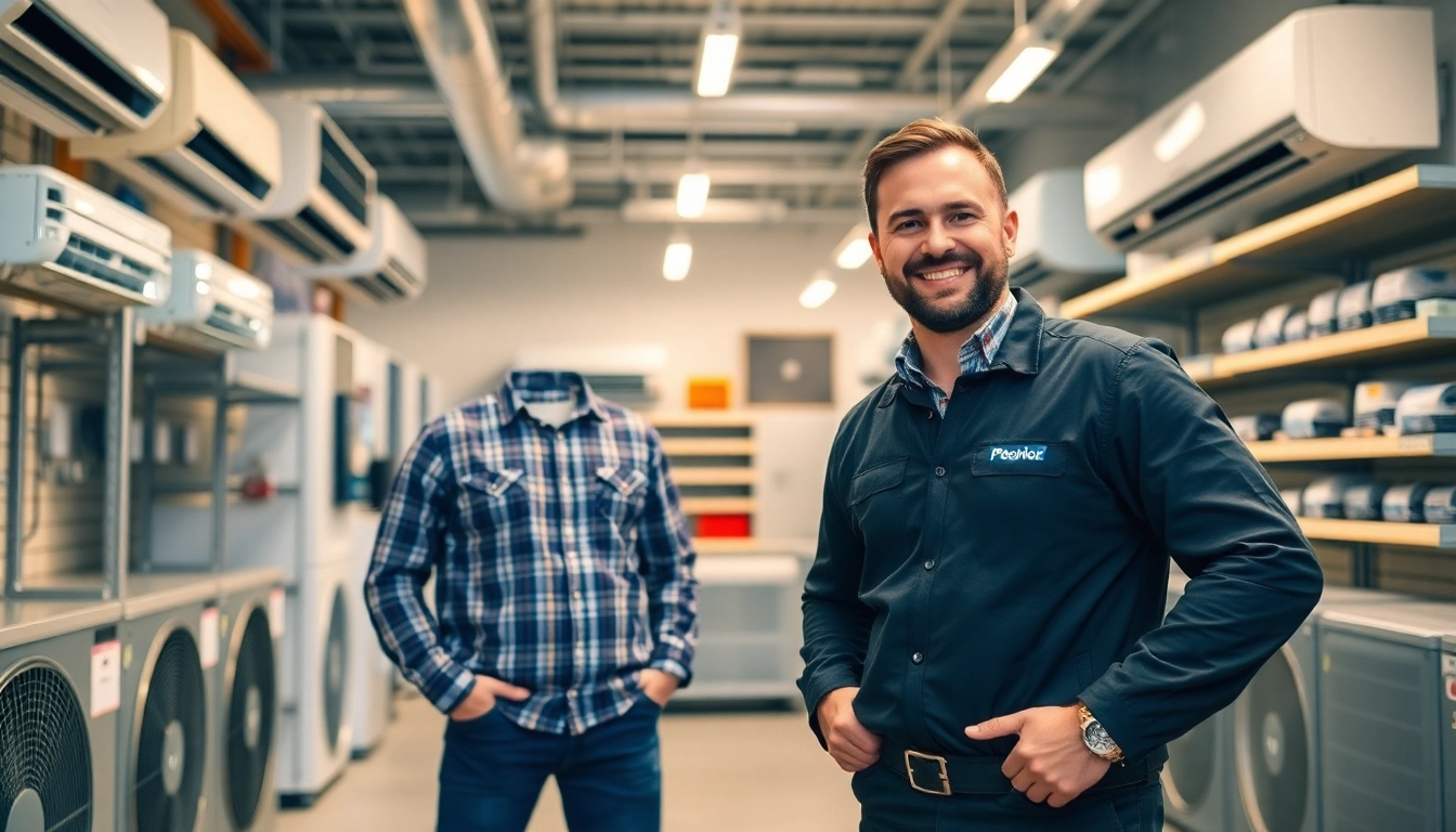 HVAC dealers providing expert assistance in a modern showroom environment.