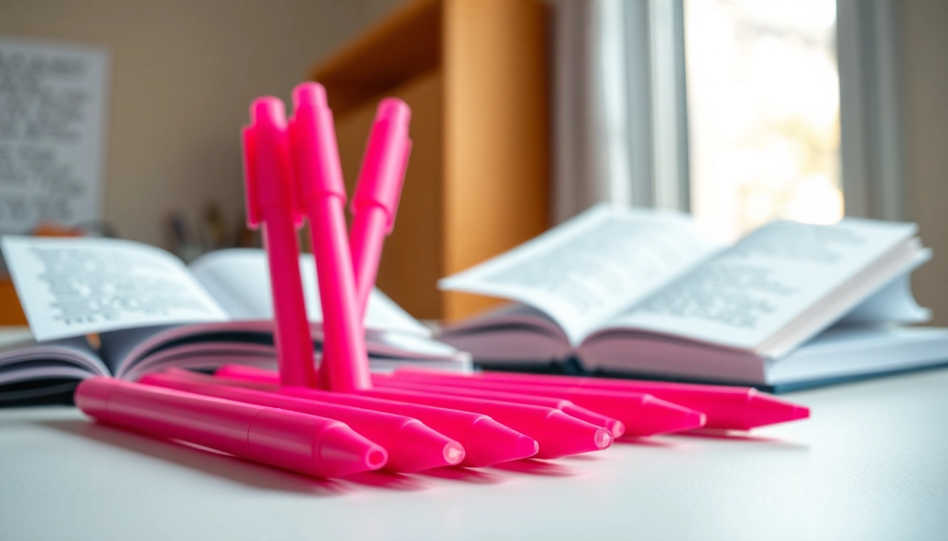 Highlight important notes with vibrant pink highlighter pens on a cozy workspace.