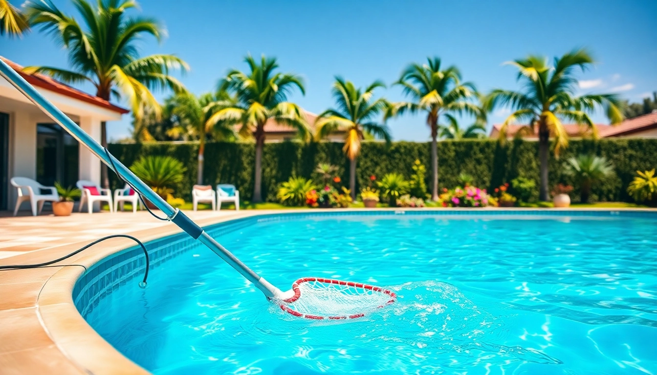 Skilled technician providing swimming pool service Pinellas County in a beautifully maintained backyard pool.