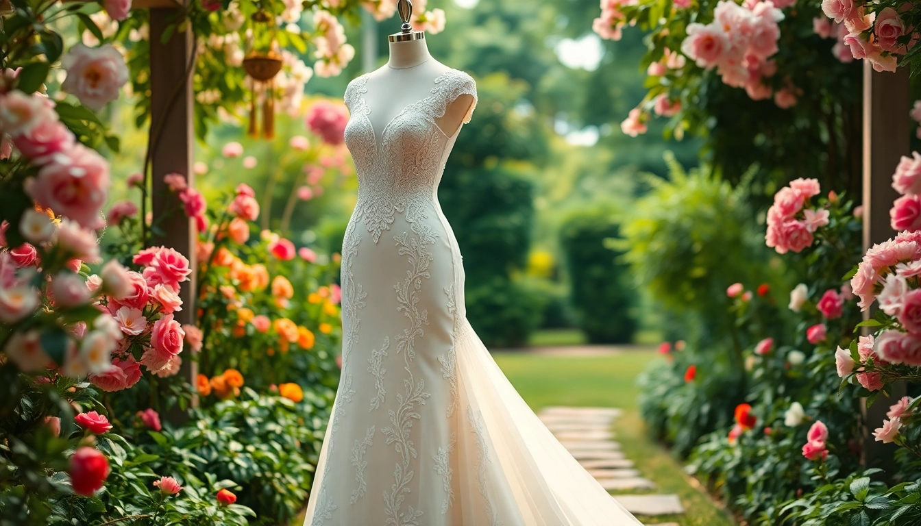 Showcasing fit and flare wedding dresses in a garden setting, highlighting lace detailing and elegance.